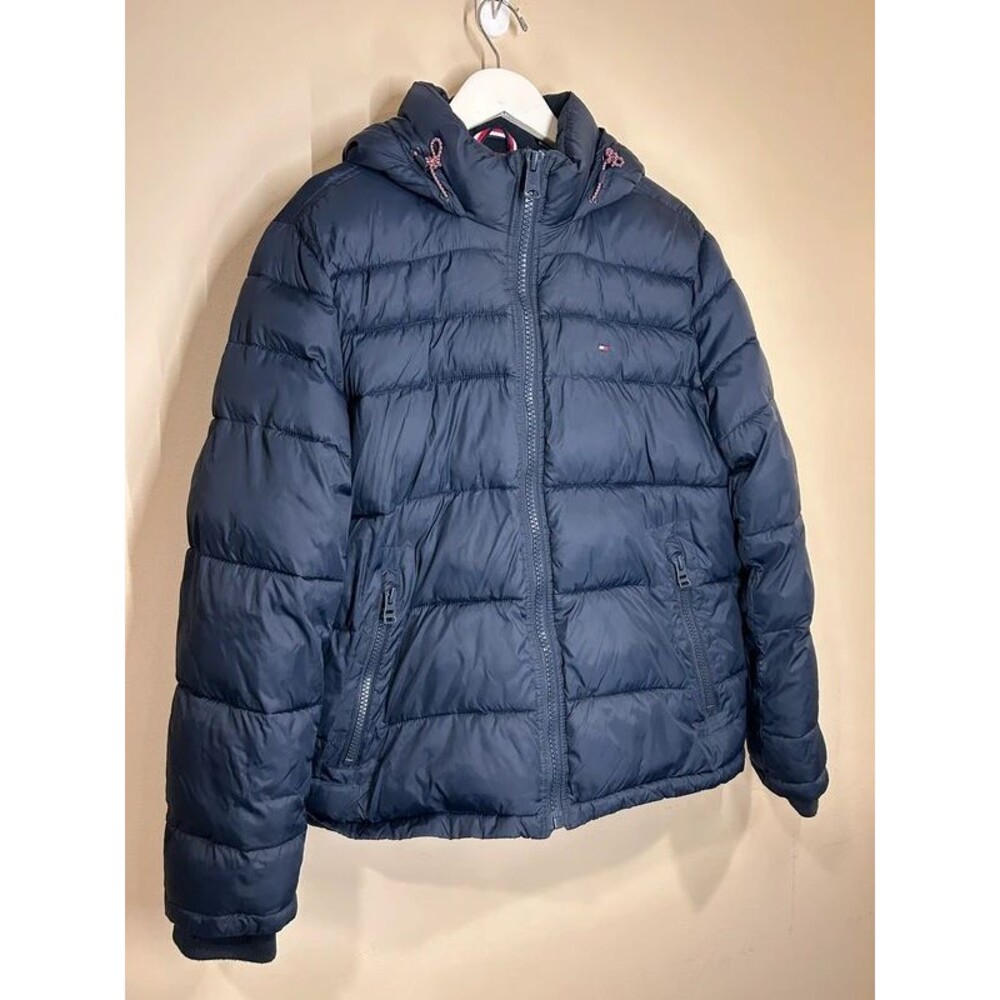 Tommy Hilfiger Puffer Jacket Men's M Navy Full Zip Hooded Quilted Winter Coat